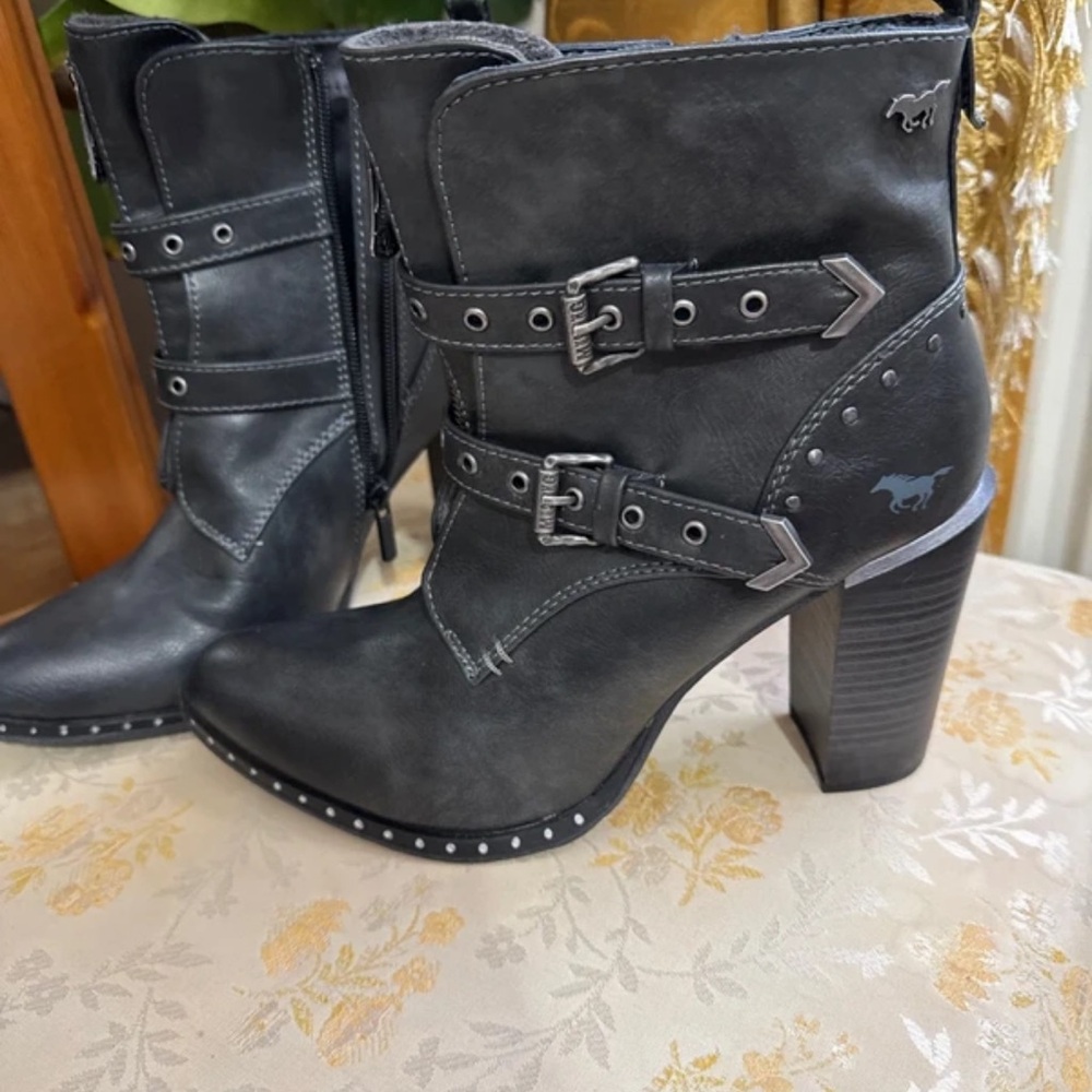 Boots Black Studded Buckle Heeled Ankle Boots